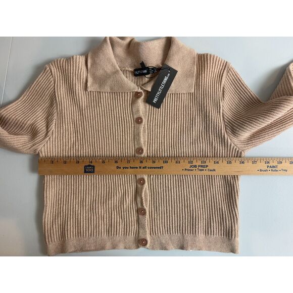 Pretty Little Thing Petite Oatmeal Knitted Rib Cropped Cardigan Women's 8 - NWT - Picture 7 of 11